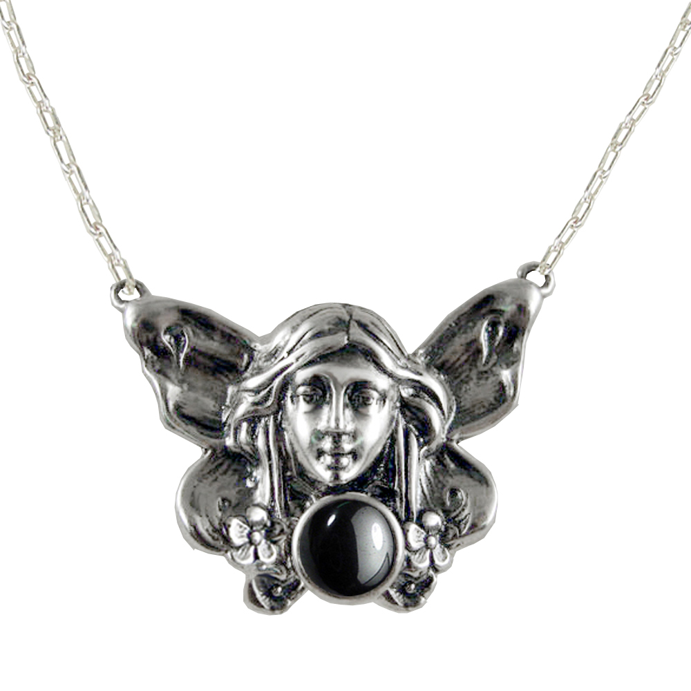 Sterling Silver Victorian Winged Fairy Necklace With Hematite